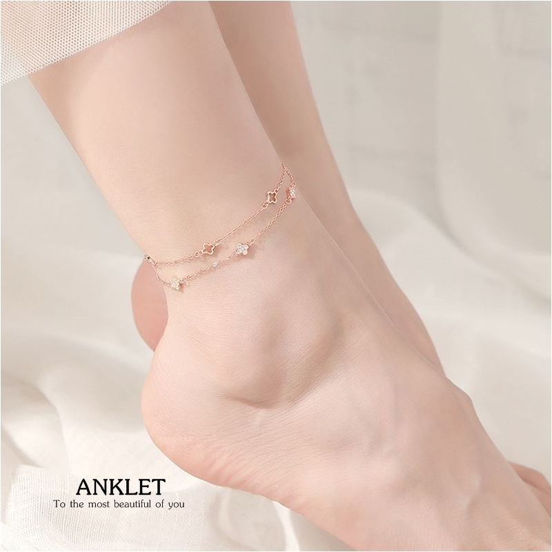 Chloe anklet ALS-017 สร้อยข้อเท้าเงินแท้ 92.5% โคลเวอร์ เส้นคู่ ขนาดความยาว 19+3 cm
