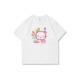 Sanrio Hello Kitty เสื้อยืดแขนสั้นสร้างสรรค์สไตล์ขี้เกียจเทรนด์แฟชั่นเสื้อยืดผู้หญิงผ้าฝ้ายแท้