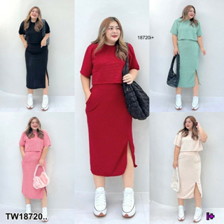 MM18720 Set #bigsize 2 ชิ้น เสื้อแขนสั้นแบบครอป + กระโปรงผ่านิดๆ Set #bigsize 2 pieces. Cropped short-sleeve top + skirt