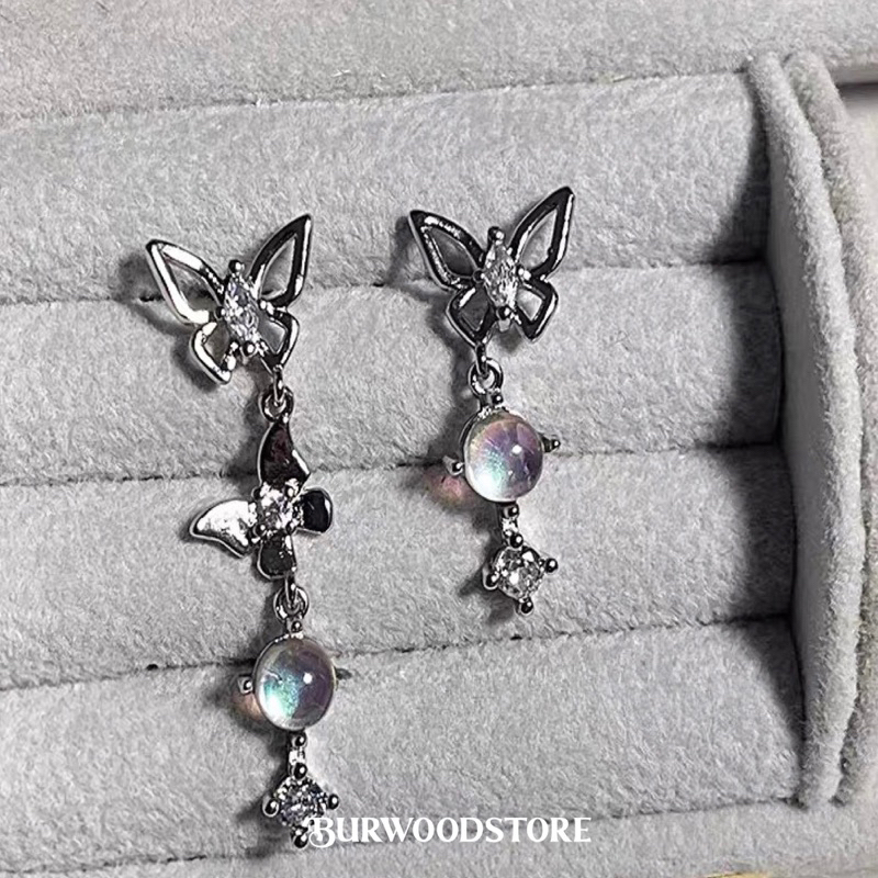 ꒰ (ราคาต่อคู่) ต่างหู Flying blue aura quartz ต่างหูเงิน ต่างหูจิว ก้านเงินแท้  - Burwoodstore