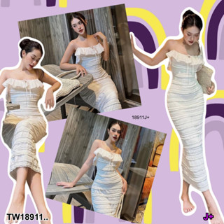 TwinsShopVip💗พร้อมส่ง TW18911 เดรสยาวทรงรัดรูปตามสัดส่วน แต่งระบายชีฟอง ..