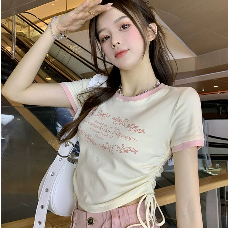 เสื้อครอป เสื้อยืดผู้หญิง คอกลม สวมใส่สบาย ที่เอวมีสายเชือก2เส้น ออกเเบบพิเศษ #150283
