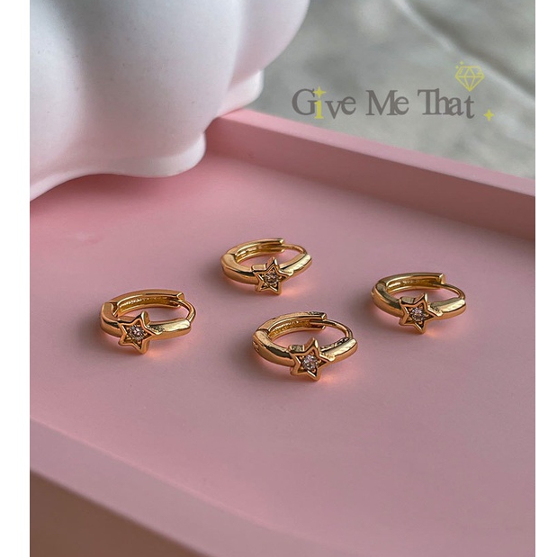 ต่างหูเงินแท้!!925 วัสดุทองคำชุบ18K งานพรีเมี่ยม สไตล์มินิมอล Minimal รุ่นห่วงดาวเพชร Givemethat