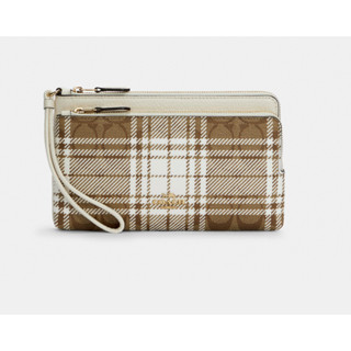 Coach Double Zip Wallet In Signature Canvas With Hunting Fishing Plaid Print