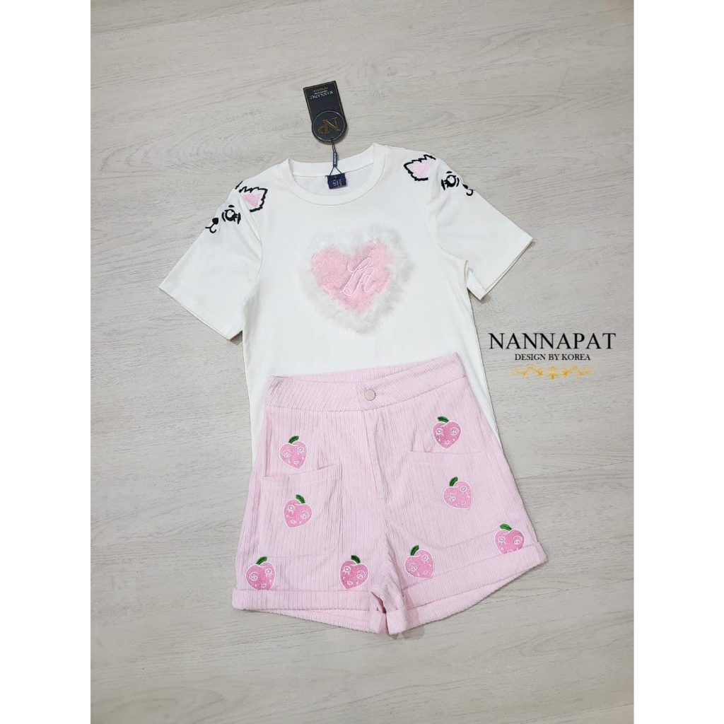 A369# S งานป้าย NANNAPAT เซต กก สั้นผ้าร่องชม เสื้อยืดขาวใจขนชม
