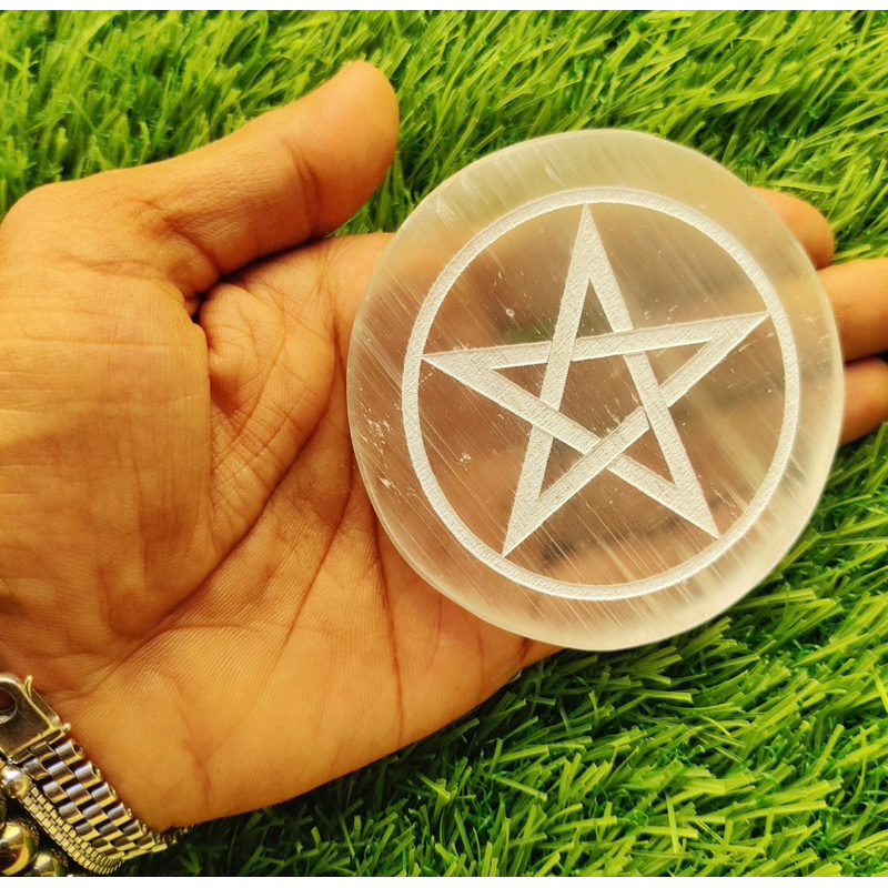 One Selenite Charging Plate, Star Engraved Selenite Polished Circle Plate, Selenite Polished Slab, C