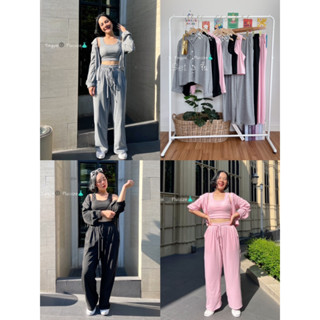 Set3ชิ้น เสื้อคลุมแขนยาวกระดุมหน้ามีฮู้ด+เสื้อกล้ามครอป+กางเกงขายาวเอวสม้อครอบ ทรงสวย เสื้อผ้าสาวอวบอ้วน พลัสไซส์