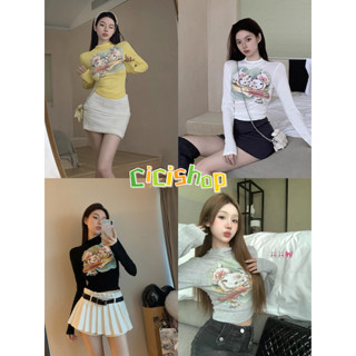 Cicishop(770)เสื้อแขนยาวคอปีน ดีเทลสกีนลายน้องแมวสุดน่ารัก ผ้านิ่มใส่สบาย SO Cute