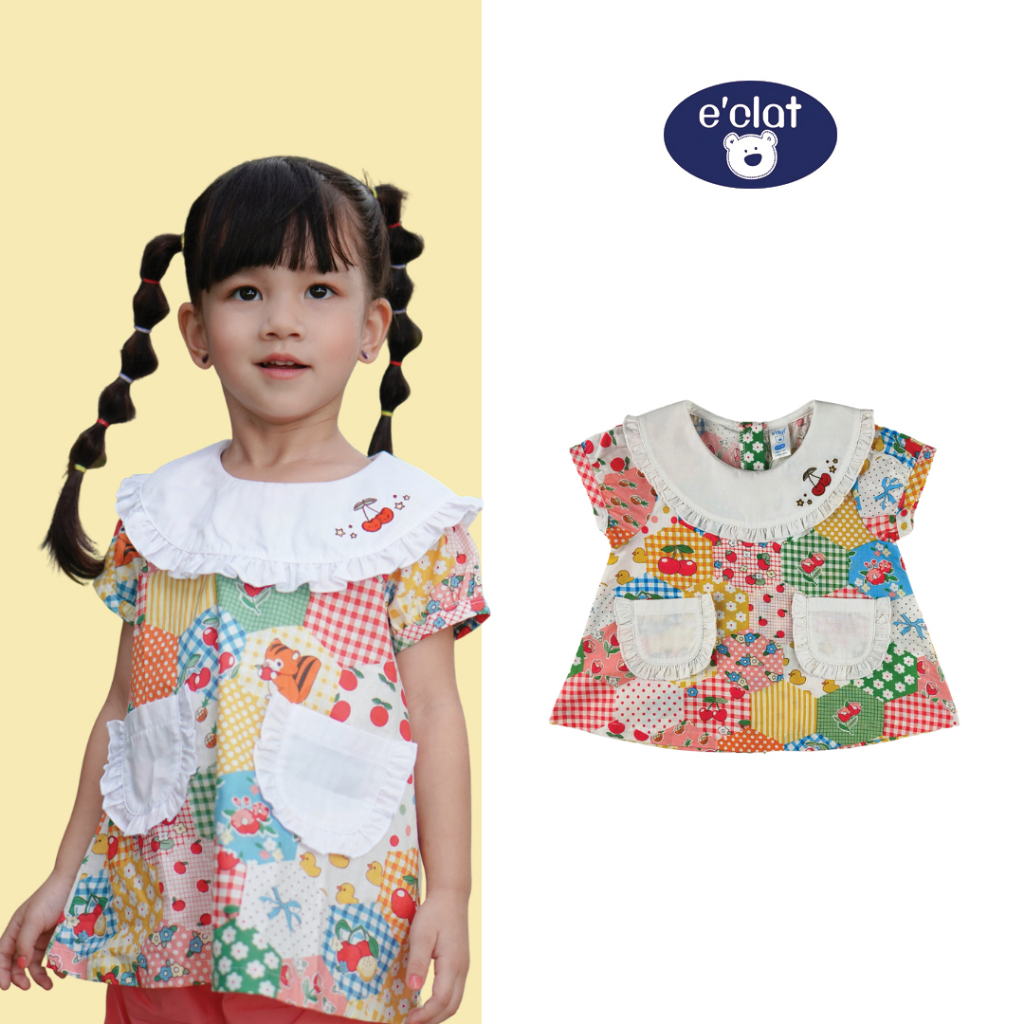 E'clat เสื้อเด็กผู้หญิง คอปกระบาย ปักเชอร์รี่ ผ้าพิมพ์ลายเพิ่มกระเป๋าด้านหน้า ด้านหลังมีกระดุม เนื้อผ้าไม่ยืด sku6867
