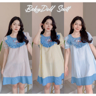 Baby Doll Dress พร้อมส่ง เดรสคอกลม สีทูโทน ลายริ้ว แต่งระบายอก ปักลายดอกไม้ แขนตุ๊กตา เดรสกระโปรง งานป้าย