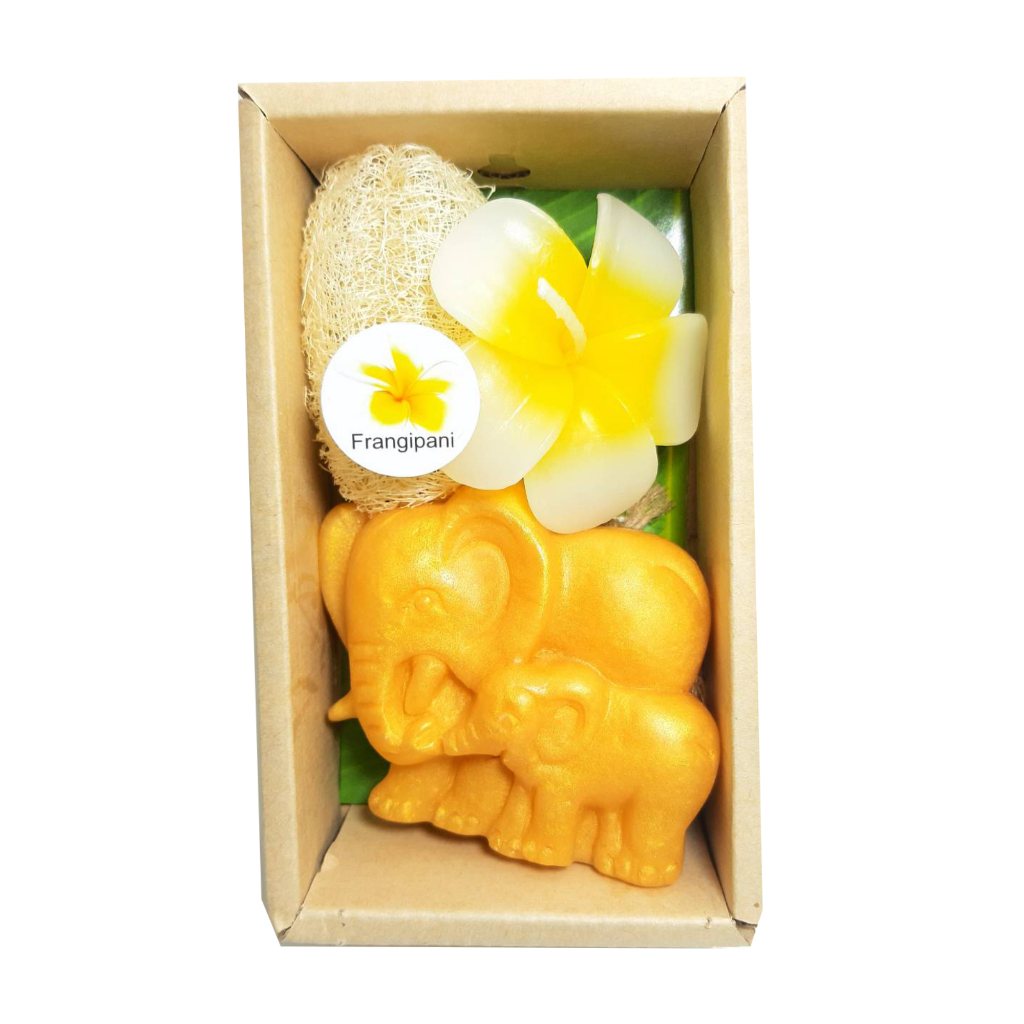 ลีลาวดีสมุนไพร กิฟเซทสบู่ช้างใยบวบสีทอง กลิ่นลีลาวดี ช้างนำโชคเงินทอง Giftset Luffa Handcrafted Soap (Elephant-Golden)
