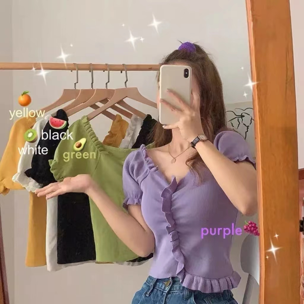 Maze พร้อมส่ง เสื้อครอปแขนสั้นไหมพรมปาดไหล่/ใส่เป็นปาดไหล่ก็เกร๋ (3478)
