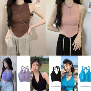 เสิ้อกล้ามไหมพรม สายเดี่ยวผูกคอโชว์หลัง สายเดี่ยว เสื้อไหมพรม สไตล์เกาหลีเซ็กซี่