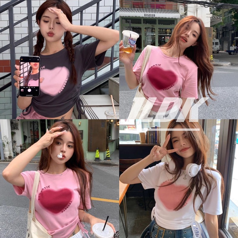 1LDK พร้อมส่ง เสื้อครอบแขนสั้น คอกลม รูดเชือกด้านข้าง ลายพิมพ์หัวใจ(52167)