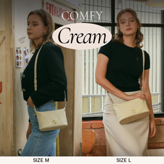 [CREAM] COMFY NYLON Hobo Bag กระเป๋าสะพายไนลอนผสมหนังวัวแท้