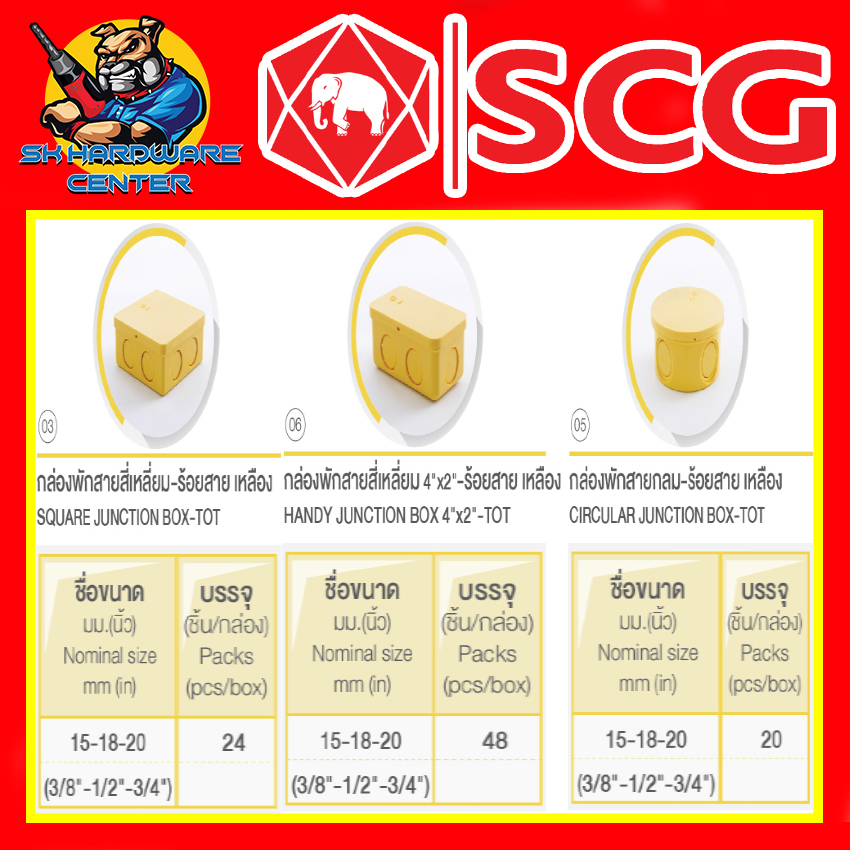 ข้อต่องานร้อยสายไฟ PVCกล่องพักสายไฟ - เหลือง ทรงสี่เหลี่ยม 2x4 - 4x4 , ทรงกลม SCG (ขายยกกล่อง)