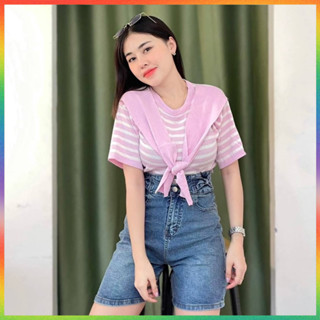 🌈MesubShop🌈 เสื้อแขนสั้น ทรงคอกลม แต่งผ้าพันคอผูกโบว์ 🫑 งานผ้าไหมพรม สายแคมป์ปิ้งคือต้องมี  รุ่น ทรัพย์สิน