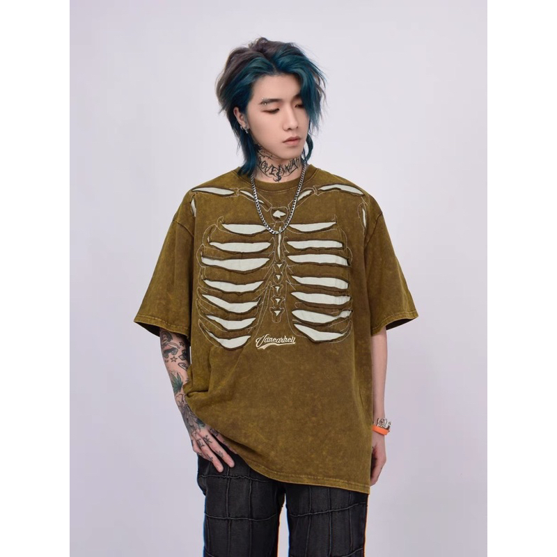 Spenzer.street | Skeleton destroyed โอเวอร์ไซส์ เสื้อผ้าสตรีท เกาหลี y2k แฟชั่น ผ้ากีฬา ทราวิส 2pac ฮิต 2023 มาใหม่