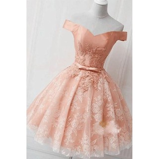 👗ชุดราตรีมือ2👗ชุดออกงานสั้นสีส้มโอรส ปาดไหล่ ผ้าดัสเชสแต่งลูกไม้
