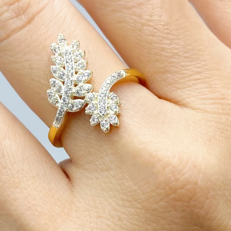 แหวนทอง2สลึง ใบมะกอกฝังเพชร สวยหรู ทองโคลนนิ่ง แหวนเพชร N200