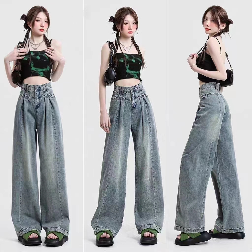 กางเกงยีนส์วินเทจเอวสูง เอวปรับได้ ทรงสวยดูดี ขายาวS-XXL