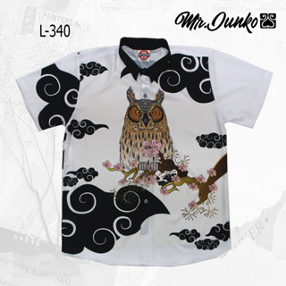 ⚡ ส่งฟรี⚡เสื้อเชิ้ตแขนสั้น งานต่อลาย Mr-Junko  ผ้าซาตินนิ่มใส่สบายไม่ร้อน L-340