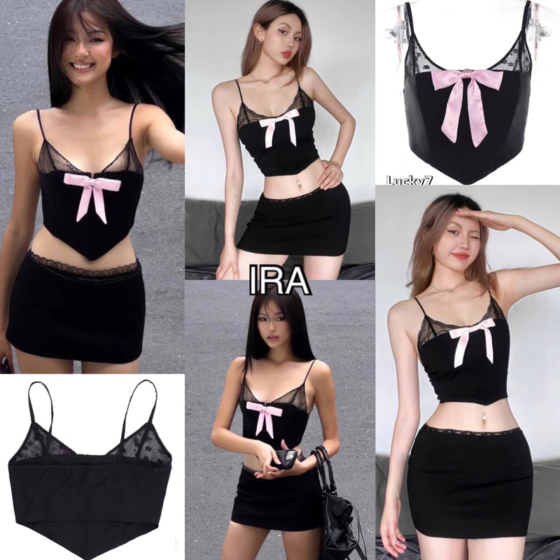BY IRA Bra Top Set เสื้อสายเดี่ยวเซ็กซี่ และกระโปรงสั้น เอวสูง เข้ารูป แบบเรียบง่าย แฟชั่นฤดูร้อน สําหรับสตรี