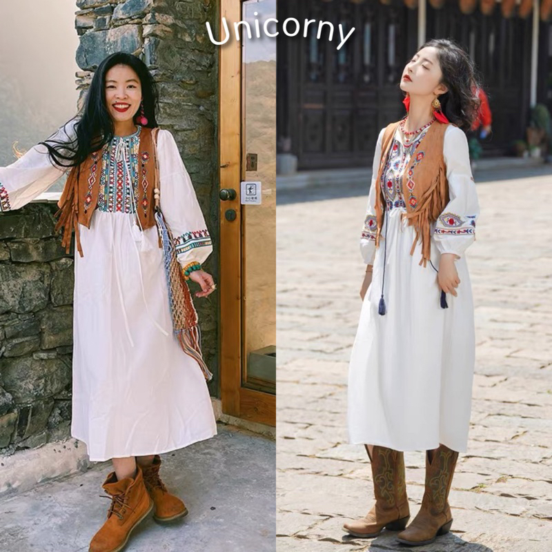[ สินค้าพร้อมส่ง ] เดรสสีขาว แขนยาว สไตล์โบฮีเมียน งานสวย ชิคๆ hippy style ใส่ขึ้นเขา