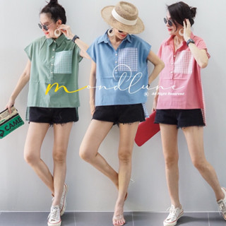 MondLuneCloth  New arrivals Korea style  เสื้อเฃิ้ตปกคอจีน   แขนในตัว หน้าสั้นหลังยาว งานเเต่ง