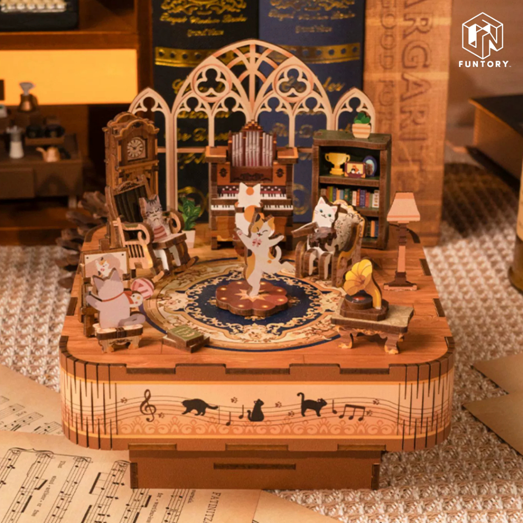 [ส่งด่วน กทม.] กล่องดนตรีไขลาน DIY ประกอบเอง Cat Family ตัวต่อไม้ ของเล่นไม้ ขยับได้ Tonecheer TQ065