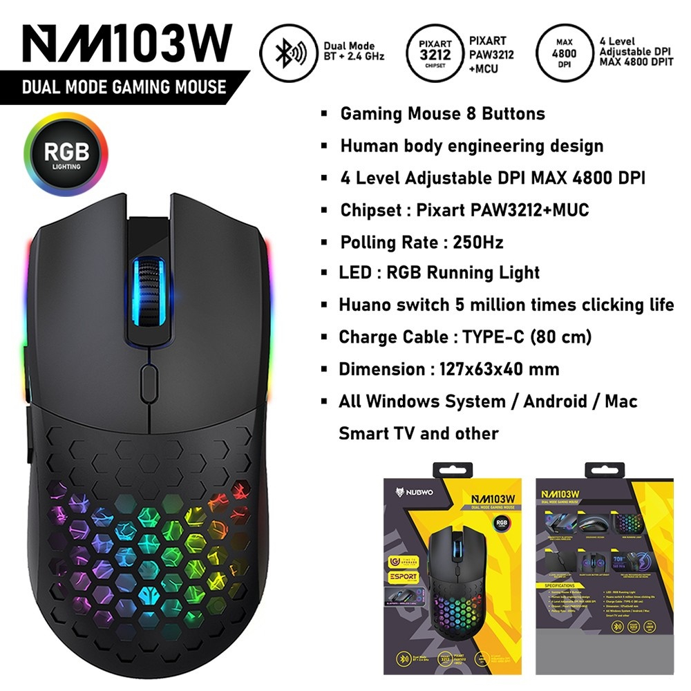 เมาส์เกมมิ่งไร้สาย NUBWO NM-103W Wireless & Bluetooth Gaming Mouse🎯