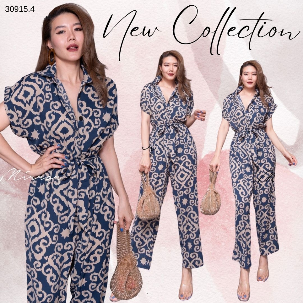 Mirrorsister 30915.4 จัมพ์สูทคอปกเชิ้ต แขนสั้นพับทรงแขนล้ำ เนื้อผ้าซาตินซิลล์เนื้อนุ่มลื่นใส่สบายลายอาร์ต