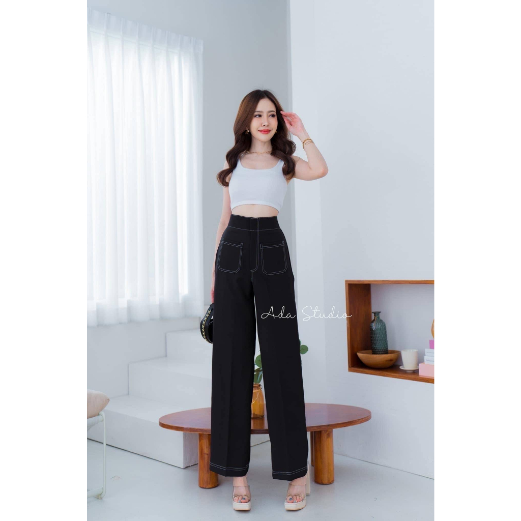 Ada Studio :: #Beer&Oil กางเกงเอวสูงขายาว แต่งขอบกระเป๋าขาว