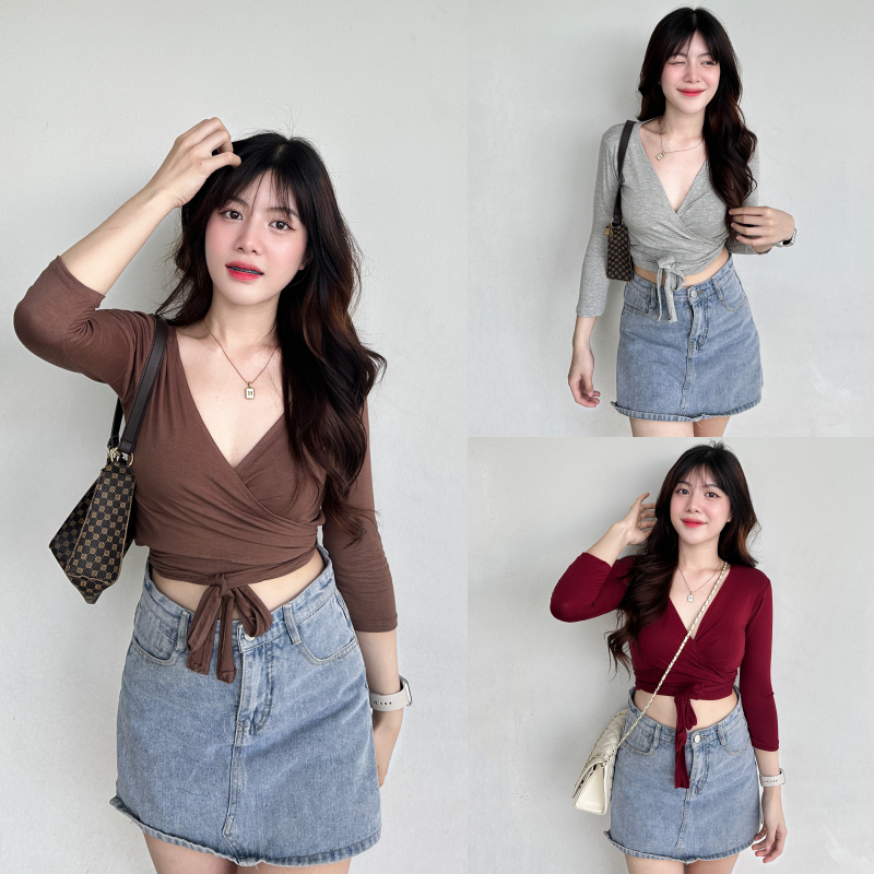 🌈SpinnyHouse🌈เสื้อครอป แต่งเชือกผูกเอว ผ้าเรย่อนยืดเยอะมาก 🧀 ทรงดีมาก ผ้ายืดตามตัว รุ่นนี้คือต้องมี 