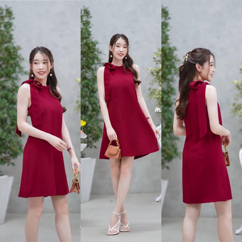 มินิเดรสคอเต่าผูกโบว์ งานผ้าบาร์บี้ สีแดง
