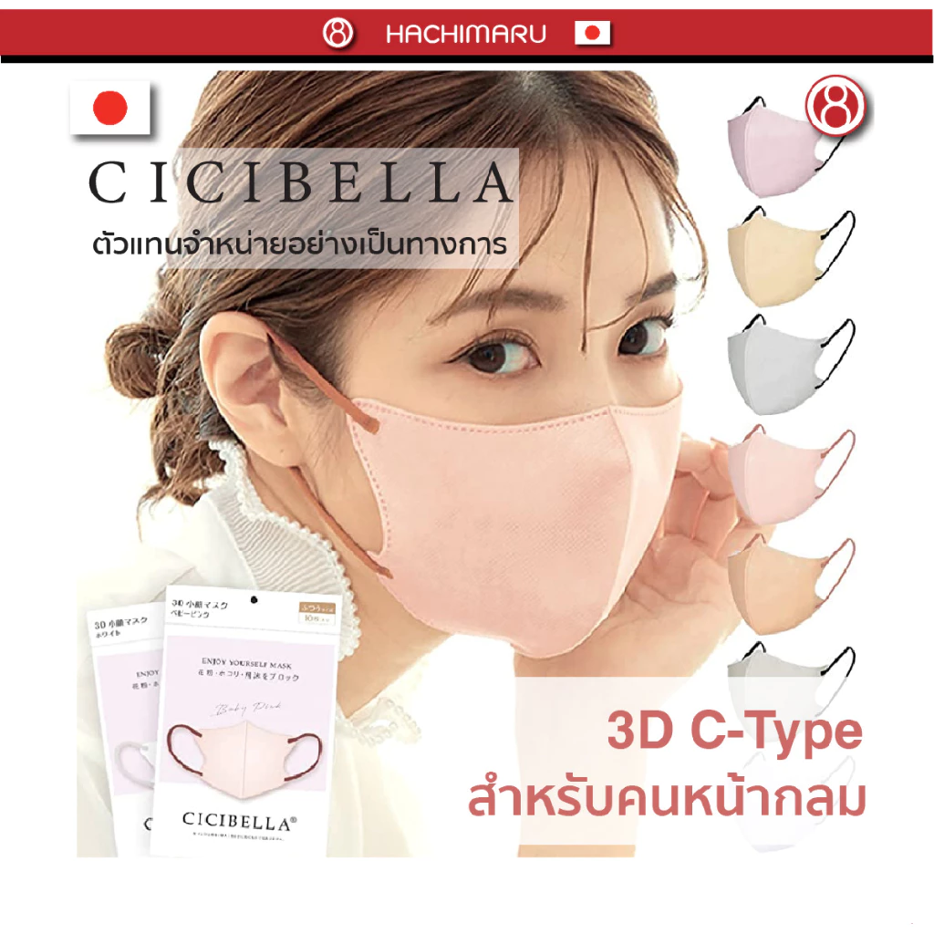 หน้ากากอนามัย Cicibella 3D Bi-Color C-Type Mask สำหรับคนหน้ากลม 10 ชิ้น นำเข้าจากญี่ปุ่น