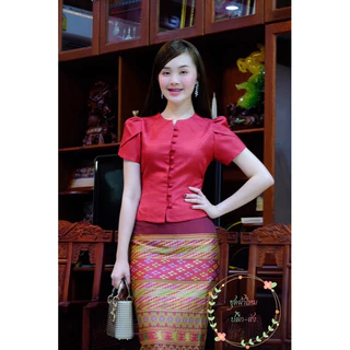 เสื้อผ้าไหมอัดผ้ากาว แต่งจีบคอแขนกลีบบัว(เฉพาะเสื้อ)