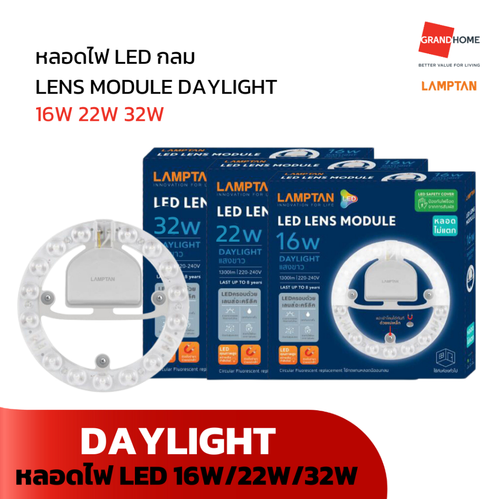 GRANDHOMEMART หลอดไฟ LED กลม LAMPTAN LENS MODULE DAYLIGHT 16W 22W 32W