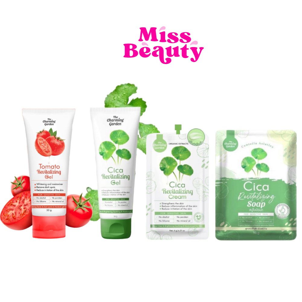 Cica Revitalizing Gel เจลกู้ผิว ใบบัวบก เจล 50 g. & สบู่ 50 g. & ครีม 6 g.   The charming garden 50 g.
