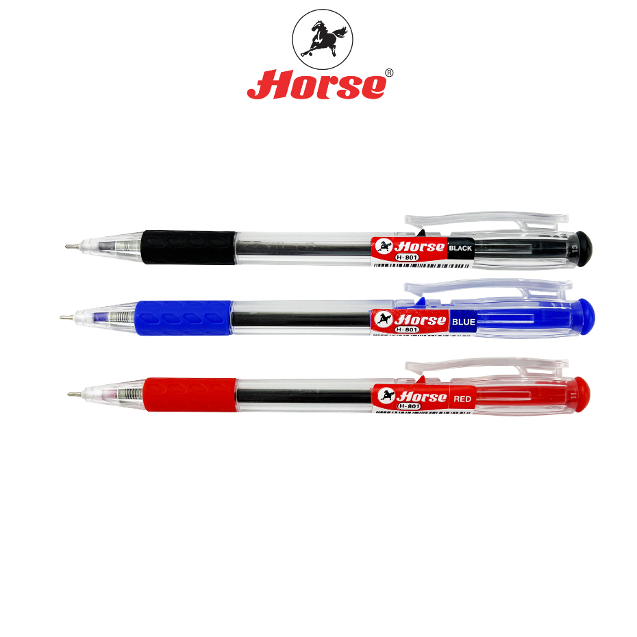 Horse(ตราม้า) ปากกาลูกลื่น กด ตราม้า 0.7 mm. H-801 ด้ามใส มีสีน้ำเงิน/ดำ/แดง จำนวน 1 ด้าม