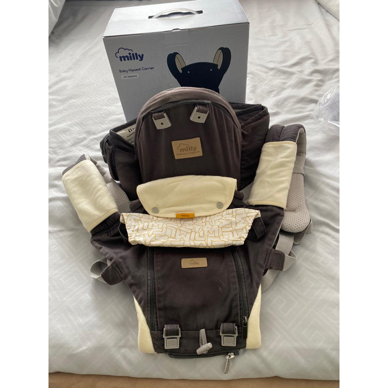 Milly เป้อุ้มเด็ก 6 in 1 ผ้าคอตตอนเกรดพรีเมี่ยม แถมฟรี ผ้าซับน้ำลาย 3 ชิ้น หมวกกันแดด Baby Hip Seat 