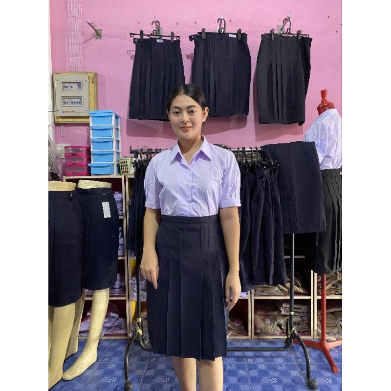 กระโปรงทรงแคบนักเรียน ผ้ามันลีวายสีกรมเข้มตราอาร์บี