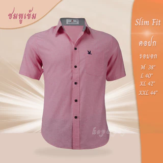 เสื้อเชิ้ต คอปก แขนสั้น สีชมพูเข้ม