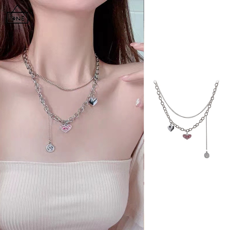 COD❤️พร้อมส่ง-สร้อยคอสีเงินแฟชั่นY2Kสไตล์ฮิปฮอปละเอียดอ่อนจี้ลายหัวใจสีชมพูเกาหลีสำหรับผู้หญิงเครื่องประดับ-a.one