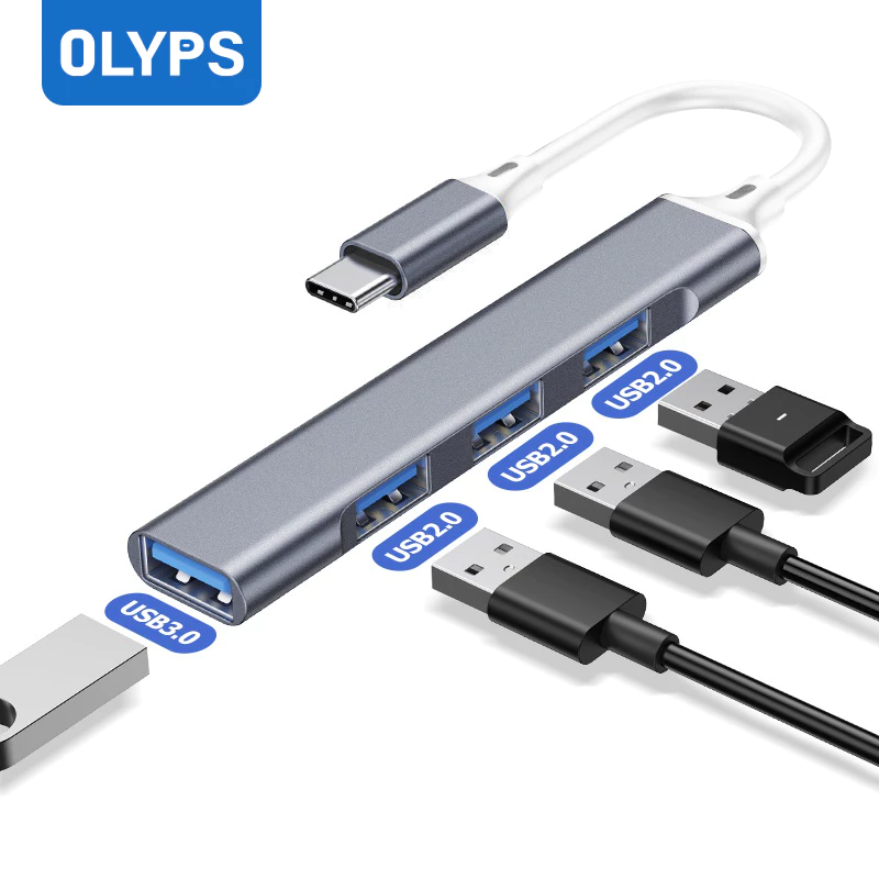 OLYPS USB Hub 3.0 High Speed 4-in-1 Reader Card Type-C Adaptor for Laptop Macbook/U Disk/Hard Disk
