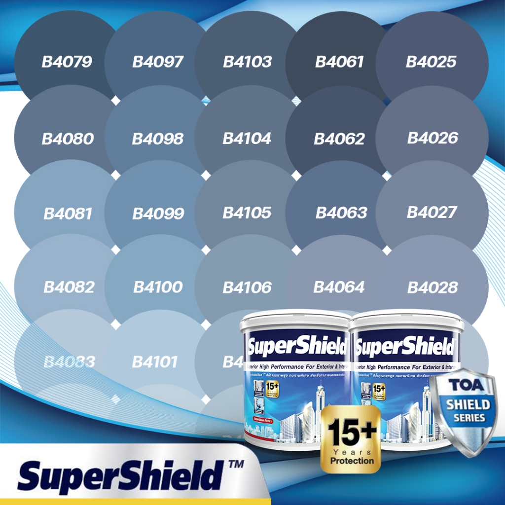 TOA SuperShield สีฟ้าหม่น เนียน ขนาด 1 ลิตร เฉดสีใหม่ สีทาบ้าน Shield Series เกรด 15 ปี สีทนสภาวะ