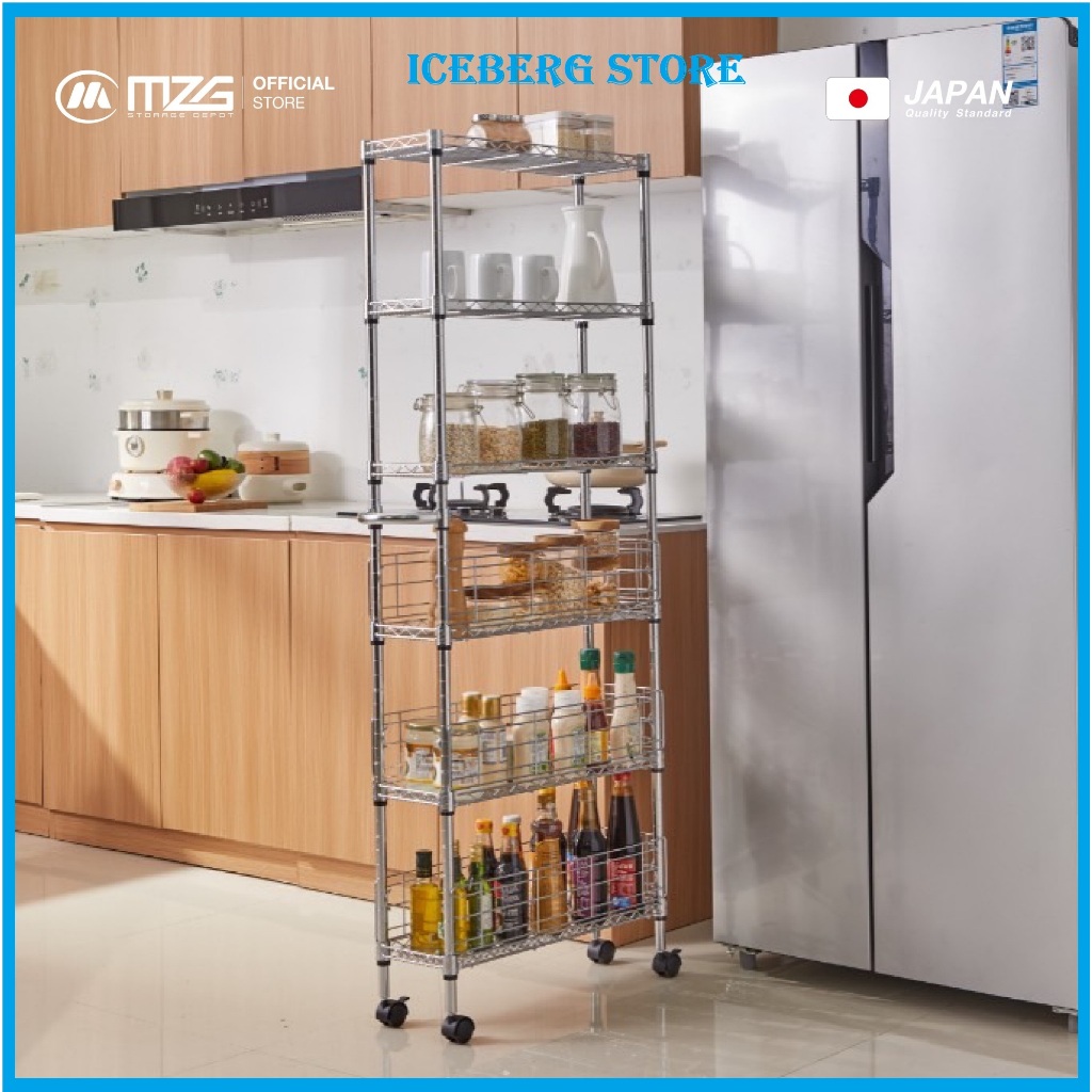 MZG ชั้นวางของในครัว 6 ชั้นพร้อมแผงกันตกมีล้อ สีโครเมี่ยม ขนาด 20x60x150 cm #ชั้นวางข้างตู้เย็น #ชั้นวางหน้าแคบ #Kitchen