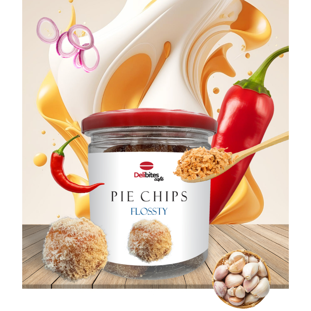 FLOSSTY PIE CHIPS พายกรอบเคลือบคาราเมลสไปซี่ หมูอบแห้ง