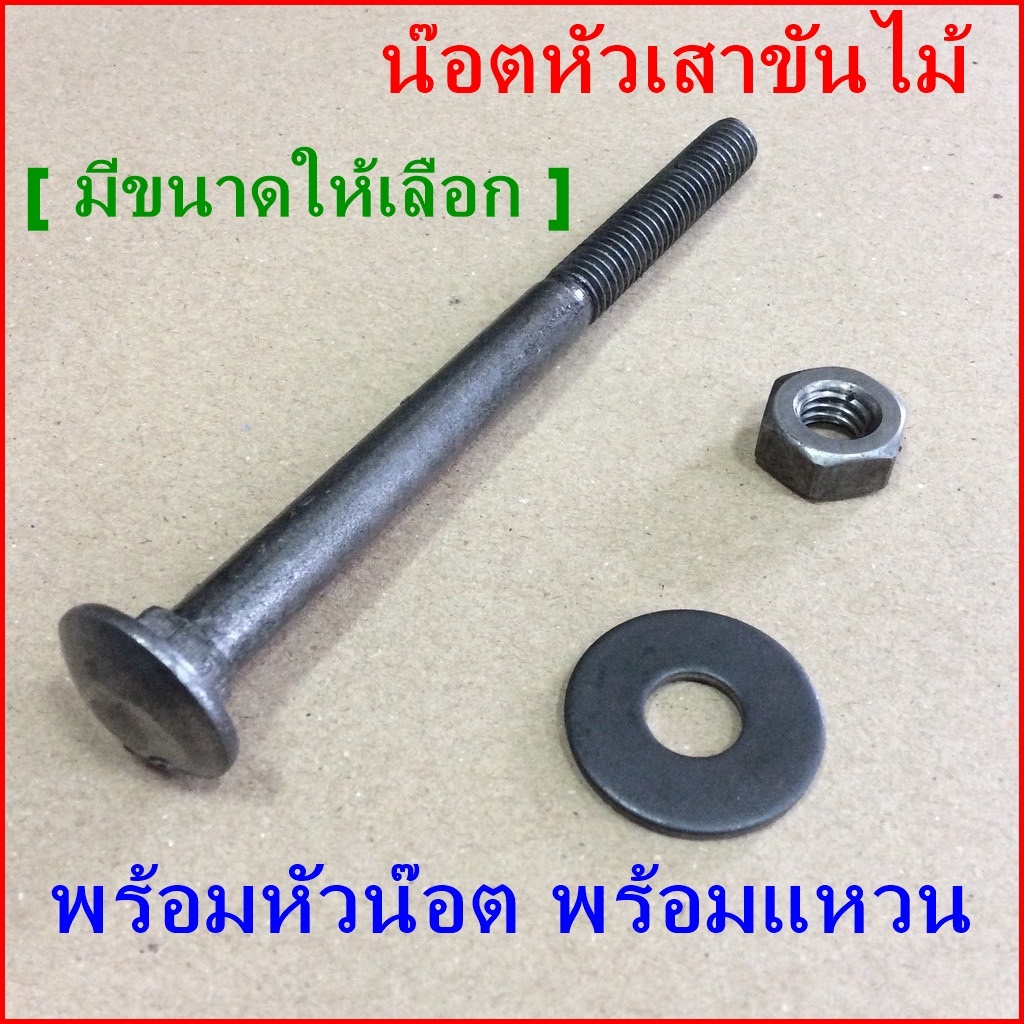 (ราคาต่อชุด)น็อตหัวเสาไม้ ชุบและไม่ชุบ (3/8”) ,(1/2") น็อตหัวกลม น็อตขันไม้ (+น็อตตัวเมีย+แหวน) เกลียวหุน เสา