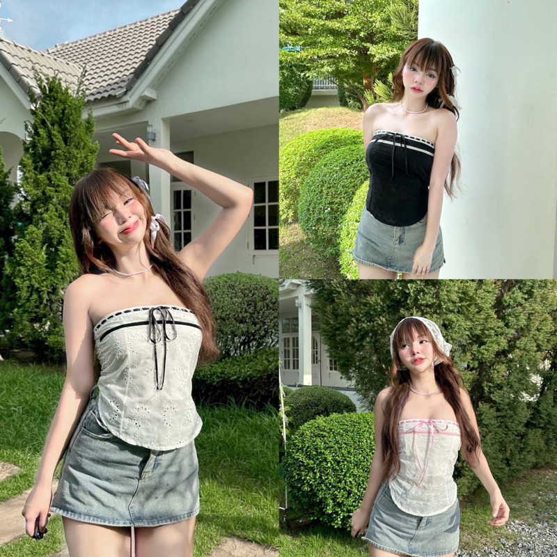 🌈Bow Top เสื้อเกาะอกผ้าลูกไม้ แต่งริบบิ้น แบบสาวเวียดนาม - Nusa style